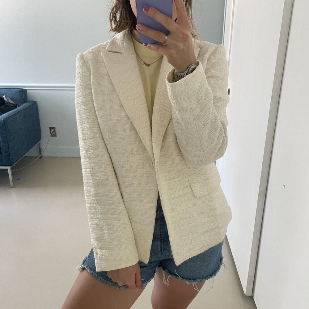 Theory One Button Collared Tweed Blazer Jacket Off White 6